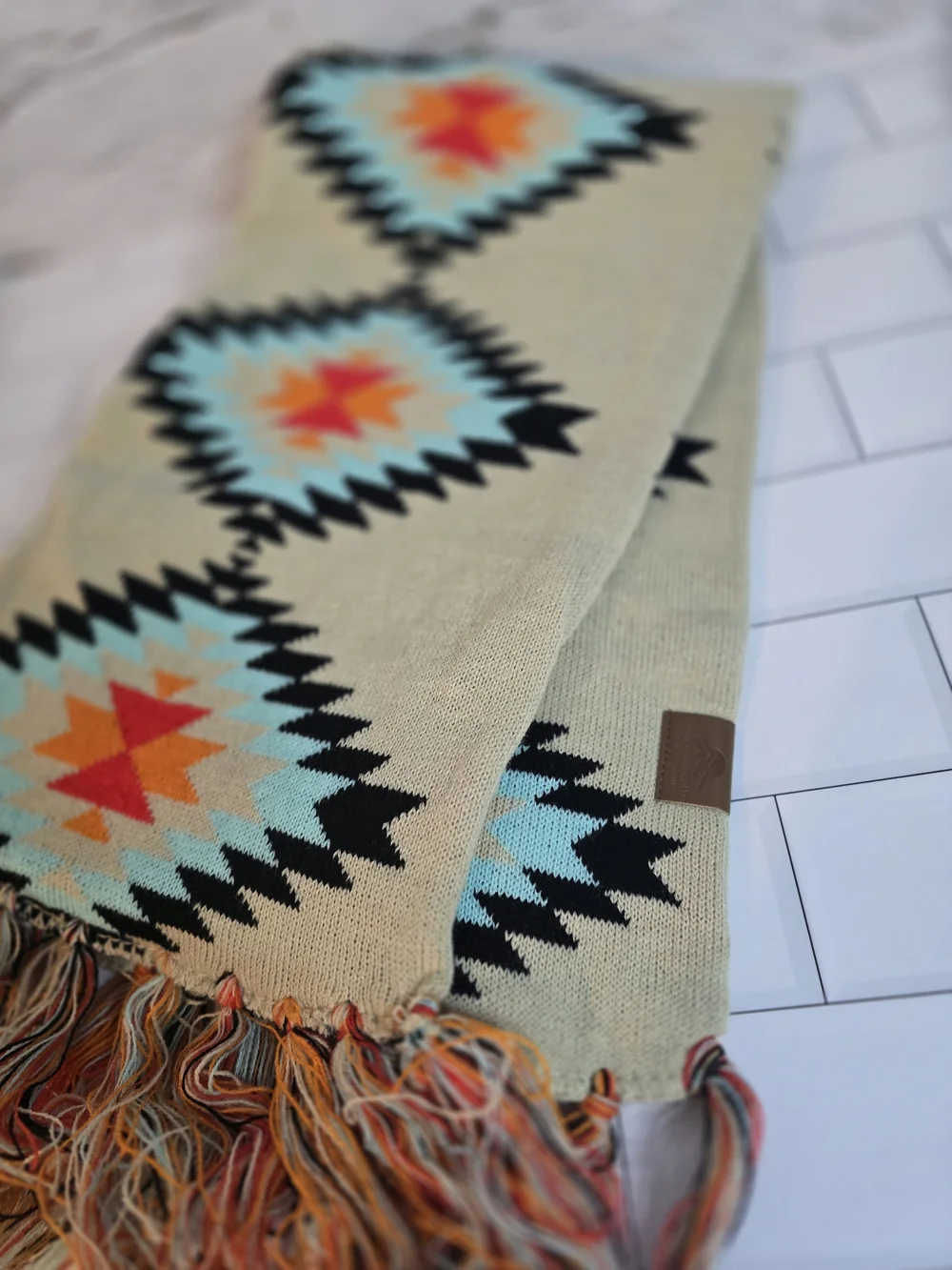 Kids Aztec Knit Hat, Scarf & Mittens Set - Cream with Turquoise & Orange